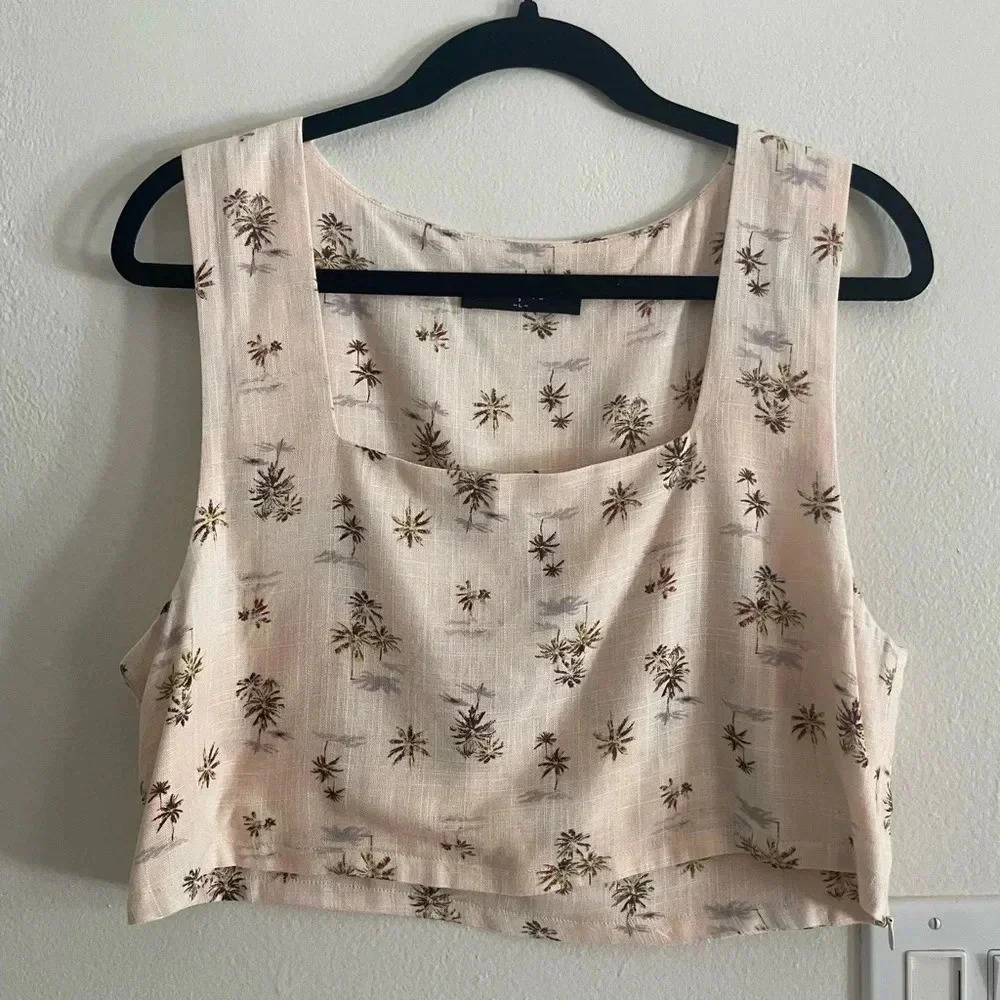 O.P.T. Linen Blend Pink Pastel and Palm Tree Square Neck Crop Top Size L